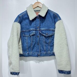 Levi's Oversized Denim Trucker Sherpa Sleeve Cropped Winter Jacket Size XS
